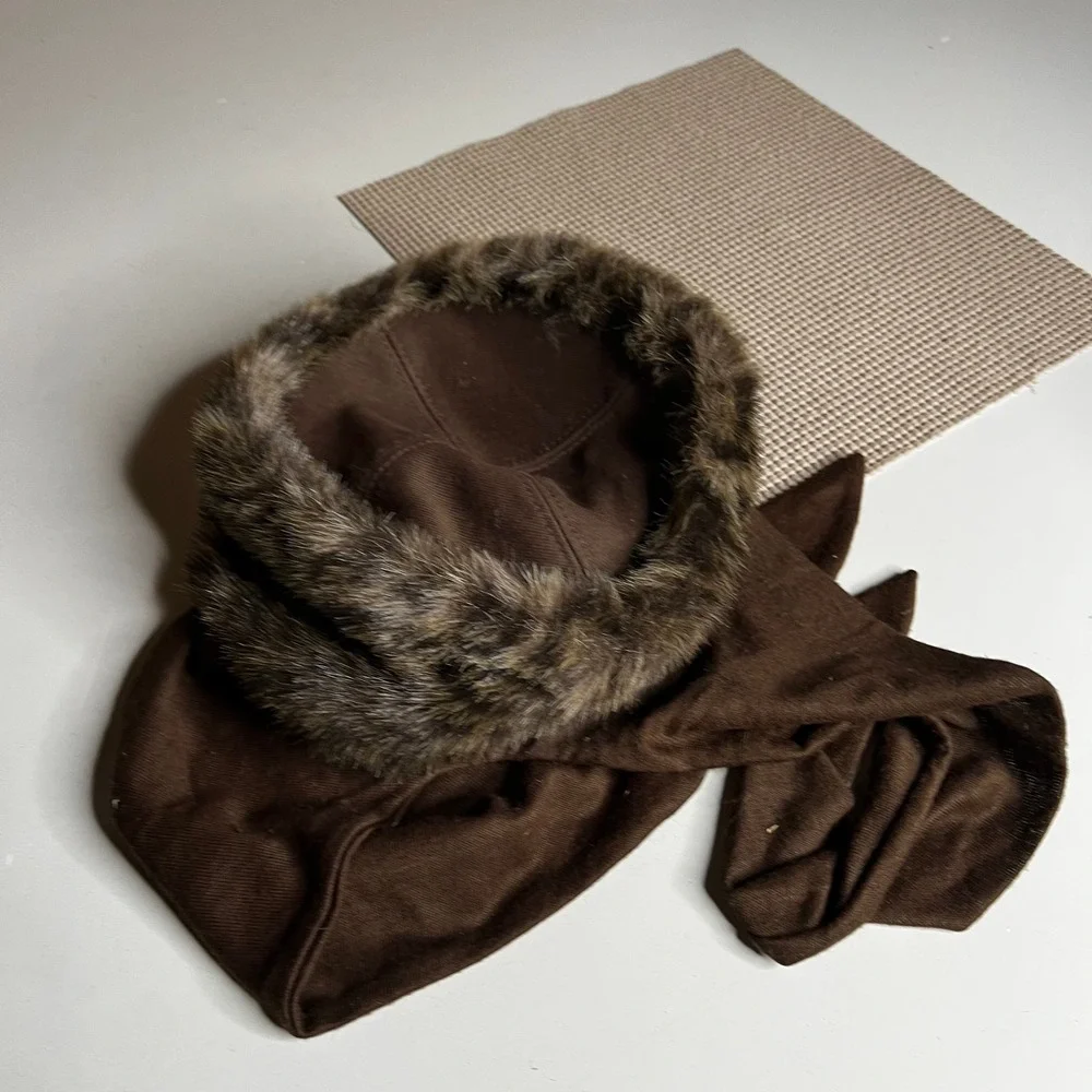 Vintage Style Brown Faux Fur Trim Cossack Hat with Long Scarf Ties One Size